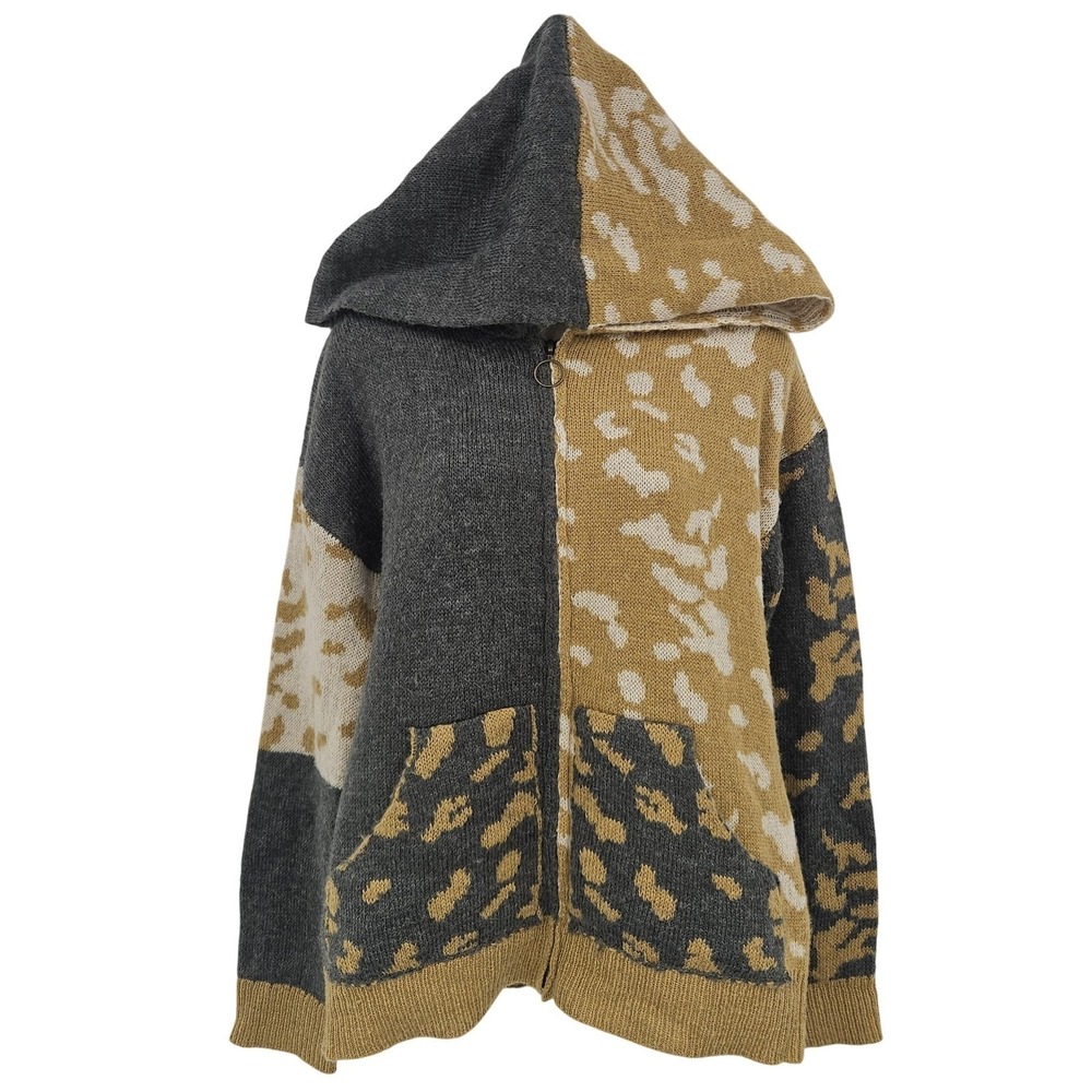 Mystree Sweater Women S Gray‎ Tan Hood Cardigan Zip Wool Blend Knit Artsy Chunky